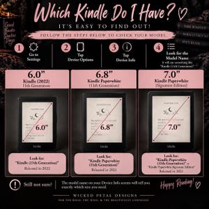 May include: An informational chart titled Which Kindle Do I Have? detailing steps to identify Kindle models. It displays three black e-readers with screen sizes of 6.0 inches, 6.8 inches, and 7.0 inches, along with their specific generation and release year.