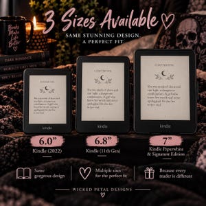 May include: Three black e-readers of different sizes, labeled 6.0 inch Kindle (2022), 6.8 inch Kindle (11th Gen), and 7 inch Kindle Paperwhite & Signature Edition. Each screen displays text starting with Chapter One and a moon icon.