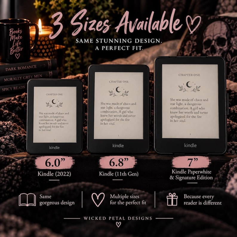 May include: Three black e-readers of different sizes, labeled 6.0 inch Kindle (2022), 6.8 inch Kindle (11th Gen), and 7 inch Kindle Paperwhite & Signature Edition. Each screen displays text starting with Chapter One and a moon icon.