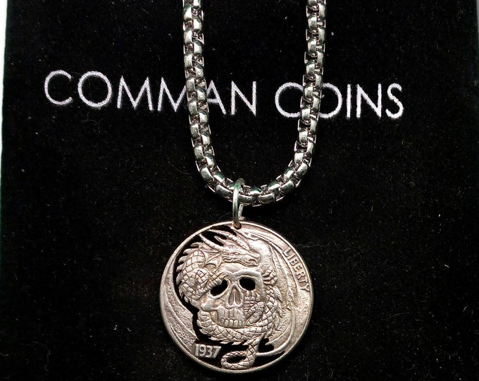 Cut Coin Hobo Coin Necklace Baby Dragon Wrapped Around Skull Goth US ...