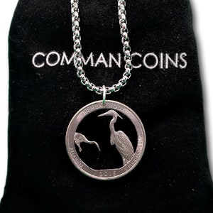 2015 Delaware Cut Coin Necklace State Quarter Bombay Hook Heron Bird US National Park America the Beautiful Collection Jewelry