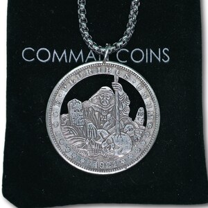 Cut Coin Hobo Coin Necklace Dark Wizard in Graveyard Black Magic US American Fantasy Handmade Jewelry Pendant US Dollar