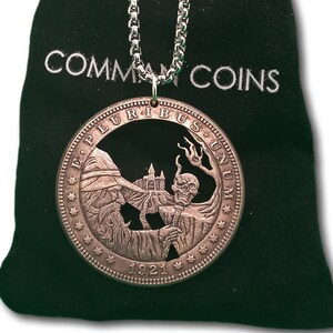 Cut Coin Hobo Coin Necklace Evil Wizard Dark Margic Old Castle Skull Goth American Fantasy Handmade Jewelry Art Dollar Pendant Commemorative
