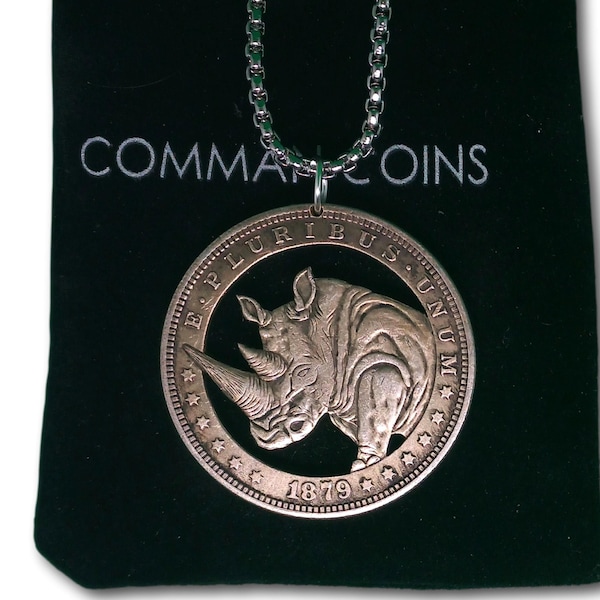 Cut Coin Hobo Coin Necklace African Rhino Endangered Animal American Dollar Carved Token Hobo Nickel Art Commemorative Statement Jewelry