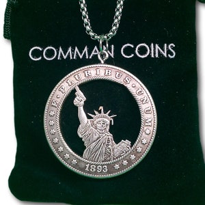 Hand Cut Hobo Coin Necklace Skull Statue of Liberty NYC New York American Dollar Carved Hobo Nickel Art Commemorative Statement Jewelry