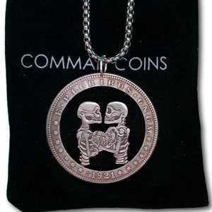 Cut Coin Hobo Coin Necklace Skeleton Lovers Sharing A Heart Gothic American Fantasy Handmade Jewelry Pendant US Dollar