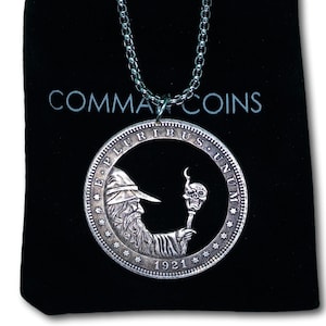 Cut Coin Hobo Coin Necklace Dark Wizard Black Magic Skull Goth American Fantasy Handmade Jewelry Pendant US Dollar