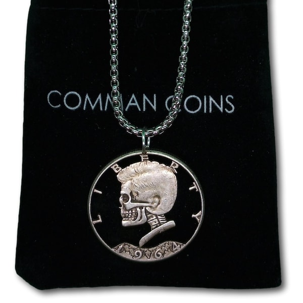 Cut Coin Hobo Coin Necklace Japanese Skull JFK Kennedy Gothic American Fantasy Handmade Jewelry Pendant US Half Dollar