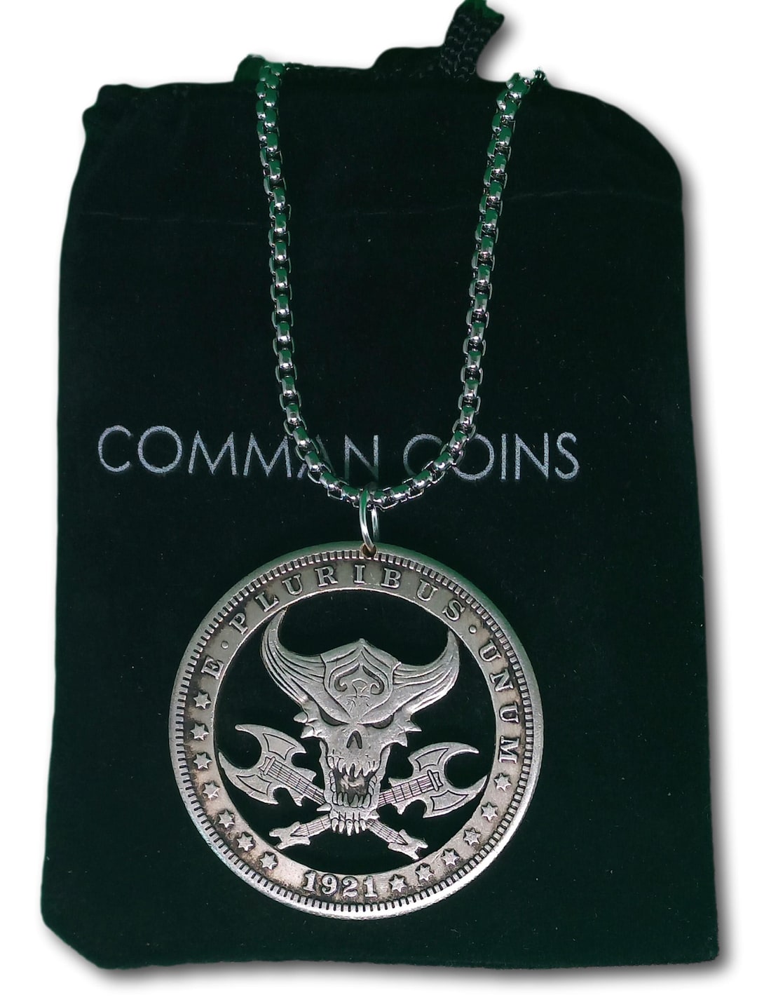 Hand Cut Hobo Coin Necklace Skull Devil Rock and Roll Demon Band Music ...