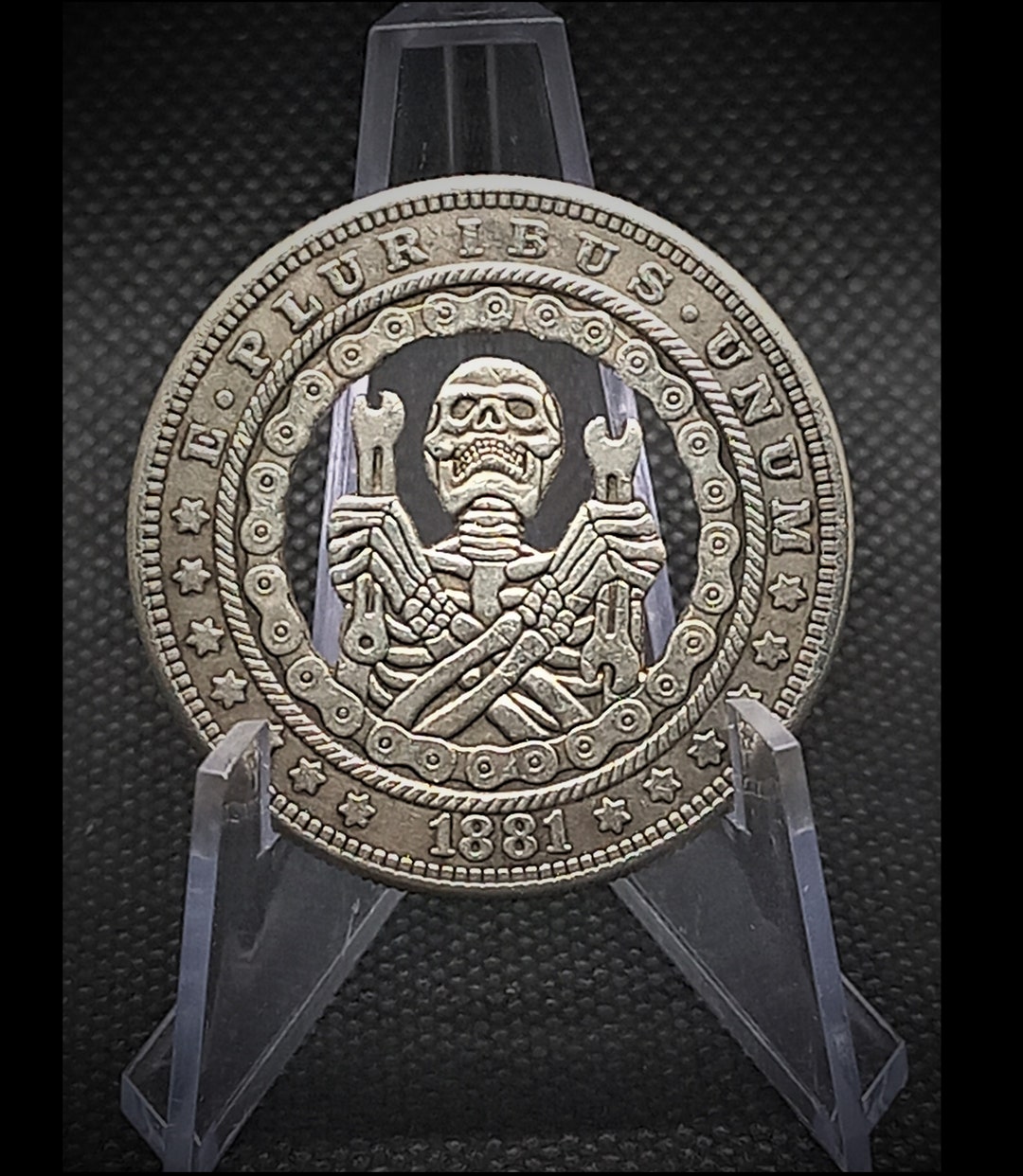 Hand Cut Hobo Coin Skeleton Mechanic and Bolts Fantasy American Morgan ...