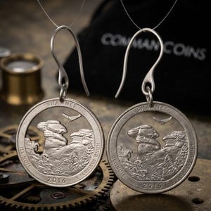 Op de afbeelding: Een paar zilverkleurige muntoorbellen met het ontwerp van de 2016 Shawnee Illinois quarter. De munten zijn uitgesneden om de rotsformatie en vogelafbeelding te benadrukken, hangend aan gebogen metalen oorhaken voor een bungelende look.
