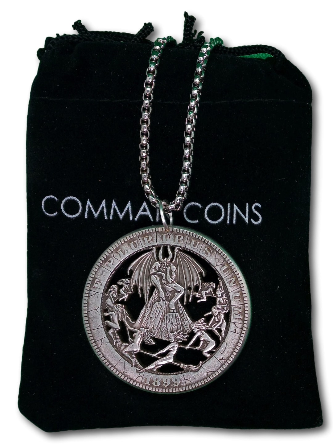 Cut Coin Hobo Coin Necklace Witches Flying Around the Devil Hell Gothic ...