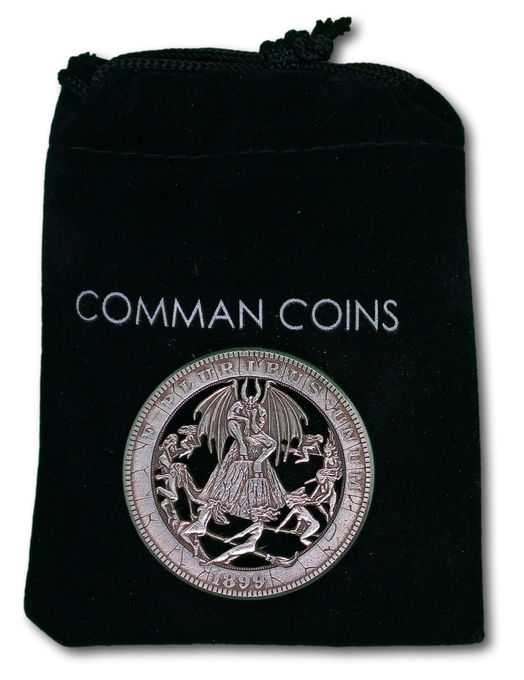 Hobo Coin Cut Coin Evil Witches Flying Around the Devil on His Throne ...