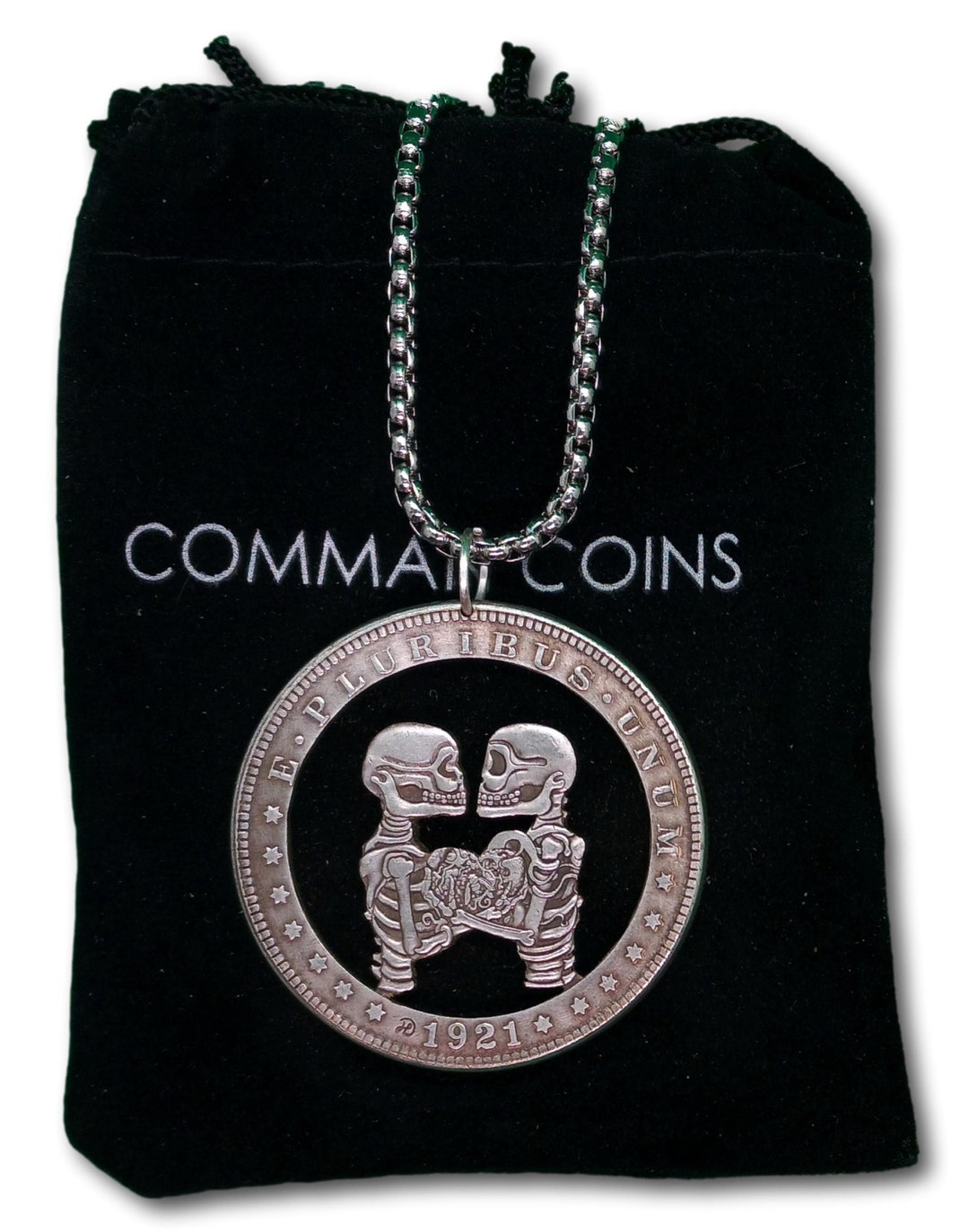 Cut Coin Hobo Coin Necklace Skeleton Lovers Sharing A Heart Gothic ...