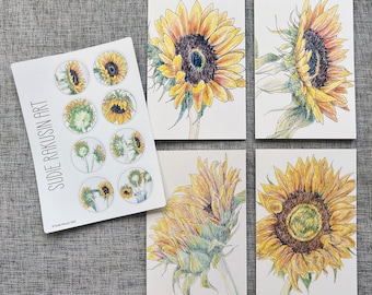 Sunflowers in Full Bloom Notecards and Sticker Set ~ 8 Blank Notecards with 8 round sunflower stickers  ~ Sunflower Stationery and Stickers