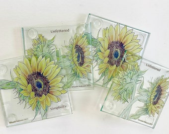 Sunflower Glass Coasters Set of 4 ~ Floral Coasters ~ Glass Coasters ~ Nature Coasters ~ Sunflower Gift ~ Nature Home Decor ~ Eco-Friendly