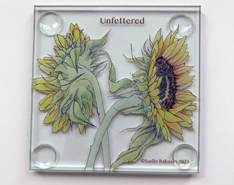 Sunflower Glass Coasters Set of 4 Unfettered~ Floral Coasters ~ Glass Coasters ~ Nature Coasters ~ Sunflower Gift ~ Nature Home Decor ~ Eco