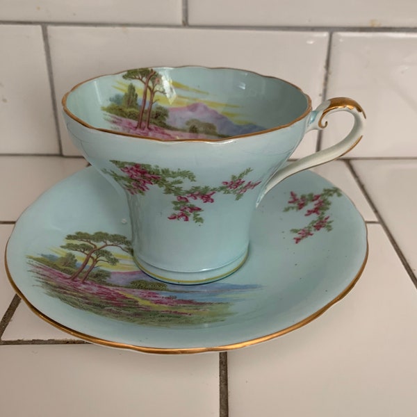 Aynsley Tea Cup and Saucer Corset Light blue Meadow pattern Gold trim Fine porcelain England Collectible Display Farmhouse Cottage bridal