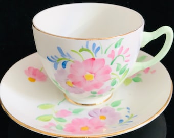 Adderley tea cup and saucer England Hand Decorated Fine bone china Pink Lavender Blue flowers green handle collectible display coffee dining