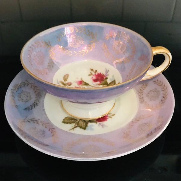 Japan war time tea cup and saucer Fine bone china Lavender Iridescent Moss Rose Floral farmhouse collectible coffee display