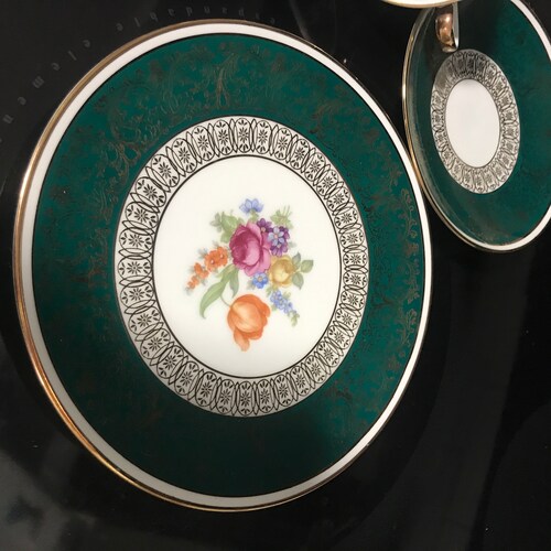 Schumann Germany Arzberg tea cup and saucer TIRO Fine bone Dresden Flower Pattern dark green heavy gold farmhouse collectible display shops dining