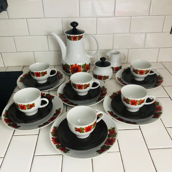 Vintage Tea Set Service for 6 with Cream sugar Teapot snack plates collectible 1970's Orange flowers brown accent pieces Mittertech