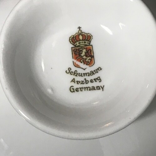 Schumann Germany Arzberg tea cup and saucer TIRO Fine bone Dresden Flower Pattern dark green heavy gold farmhouse collectible display shops dining
