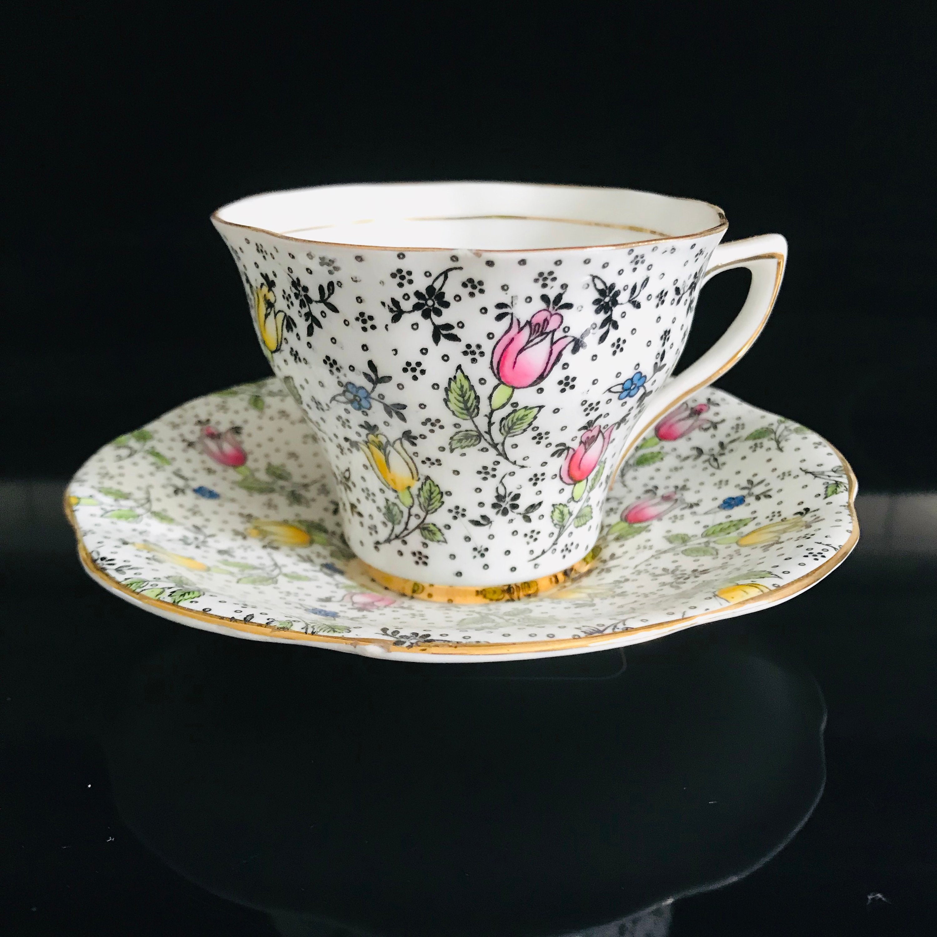 Rosina Tea Cup and Saucer Fine Bone China England Chintz Flowers Black