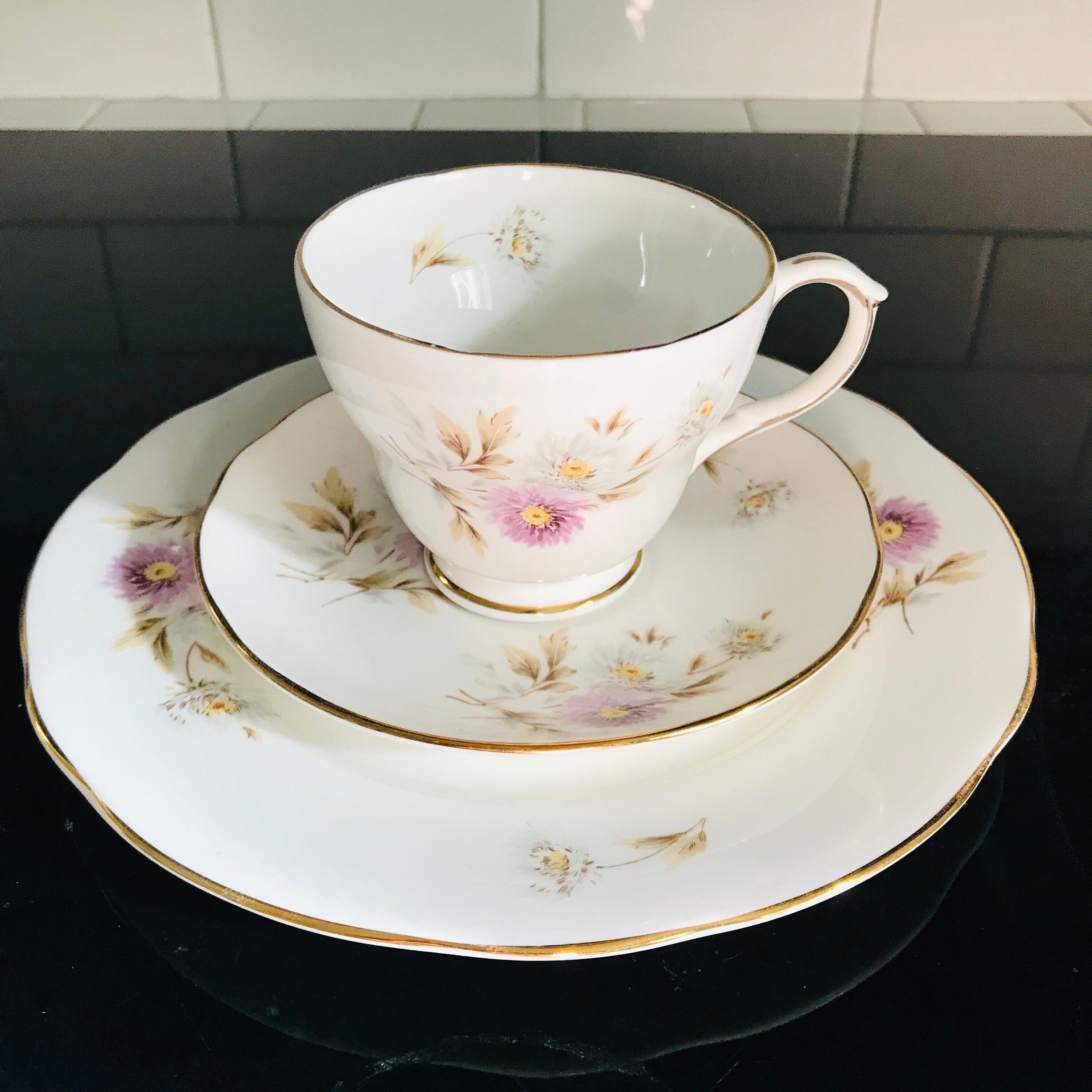 Duchess Tea Cup and Saucer TRIO England Fine Bone China Purple & White