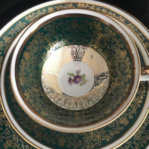 Schumann Germany Arzberg tea cup and saucer TIRO Fine bone Dresden Flower Pattern dark green heavy gold farmhouse collectible display shops dining