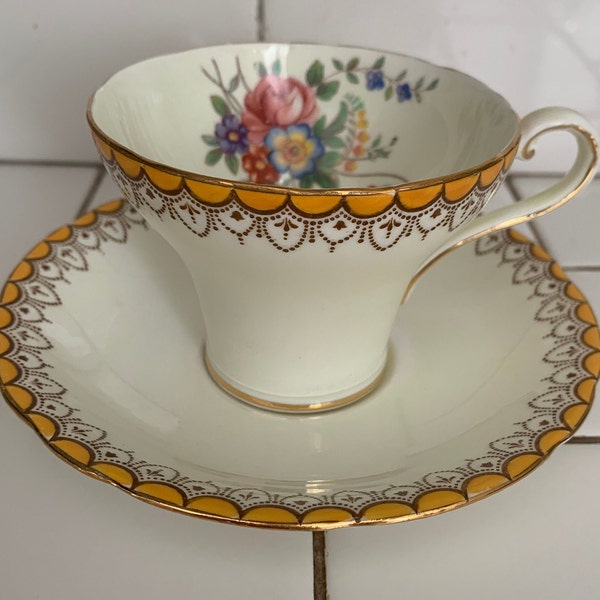 Aynsley Tea Cup and Saucer Corset Yellow Rims Floral Inside heavy gold Fine bone china England Collectible Display bridal shower coffee