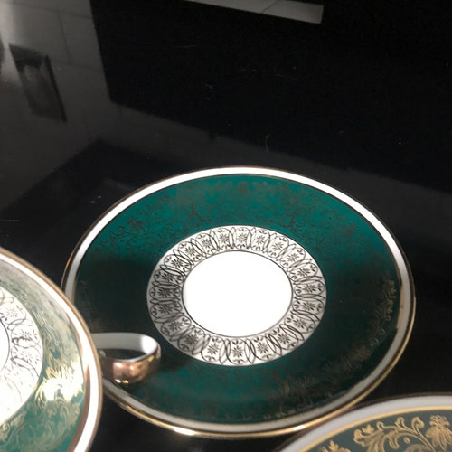 Schumann Germany Arzberg tea cup and saucer TIRO Fine bone Dresden Flower Pattern dark green heavy gold farmhouse collectible display shops dining