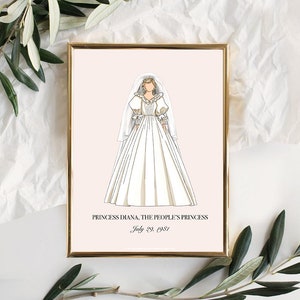 Princess Diana Minimal Wedding Dress Wall Art Print (In Parchment Beige)