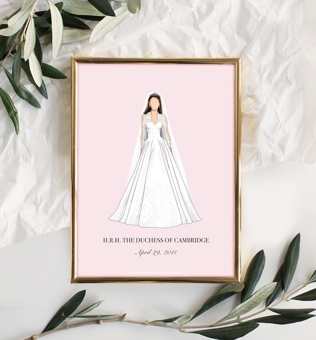 duchess of cambridge wedding dress designer Kate Middleton Minimal Wedding Dress Wall Art Print (in Princess Pink)