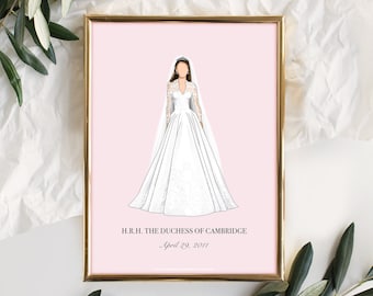 Kate Middleton Minimal Wedding Dress Wall Art Print (in Princess