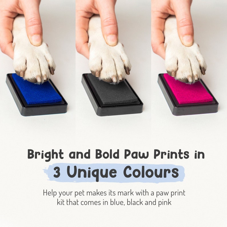 May include: A paw print ink pad set with three ink colors: blue, black, and pink. The ink pads are in a black plastic frame. The ink pads are used to make paw prints of pets.