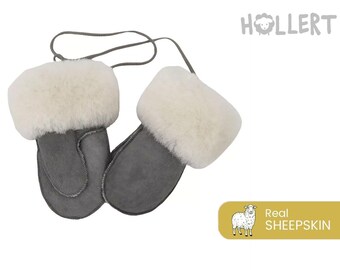 Hollert Kinder Fausthandschuhe mit Daumen aus Merino Lammfell Grau/Weiß natürlich, Leder, Schafelle, Kinder, Baby warm