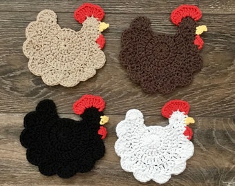 Rooster Decor, Rooster Decor for Kitchen, Rooster Kitchen Decor, Chicken Decor, Barnyard Decor, Handmade Crochet Coasters, Handmade Coasters