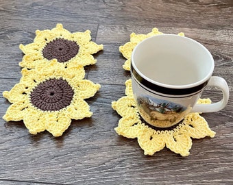 Sunflower Coaster, Sunflower Decorations, Sunflower Decor for Kitchen, Crochet Coasters, Handmade Crochet Coasters, Crochet Coasters Set