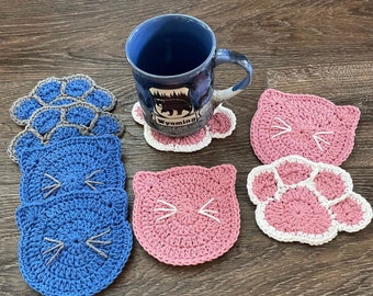 Cat Coaster, Cat Coaster Set, Cat Face, Coaster Set Funny, Cat Lovers Gift Ideas, Crocheted Coasters, Crochet Cat, Cat Lovers Gift for Her