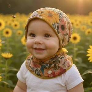 Puede incluir: Un bebé sonriente con un gorro y babero con estampado floral, con girasoles de fondo. El gorro y el babero tienen una base amarilla con grandes girasoles y otros estampados florales. El bebé lleva una camiseta blanca.