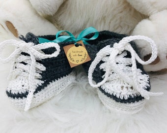 Cute baby sneakers, crocheted, dark gray, various. sizes