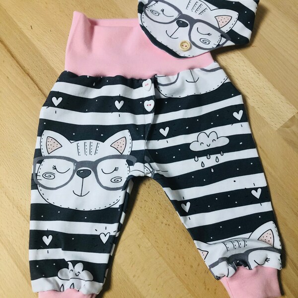 Set baby pants and scarf "cat with sunglasses", grey white pink