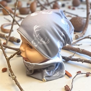 Set Beanie Mütze und Loop Schal Jungs grau Hirsche Schal mit Mütze passend Hirschgeweih Schal mit Mütze Set Kleinkind Halssocke neutral