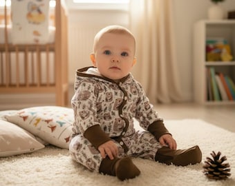 Grenouillère bébé loutre en molleton unisexe | Combinaison d'intérieur enfant, design neutre | Grenouillère à capuche et patte de boutonnage | Tenue bébé loutre