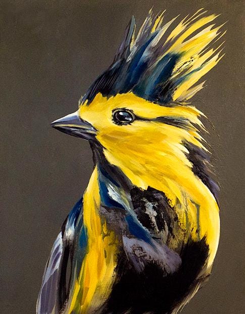 クイル：表情豊かな黄色い鳥の油絵 - Etsy 日本