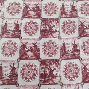 Rare  Vintage Dutch Toile Cotton Fabric Burgundy Scenic Windmill Print W 44&quot;