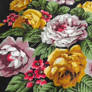 Vintage roses fabric Canvas Curtain upholstery fabric W 48&quot; Rose bouquets on black