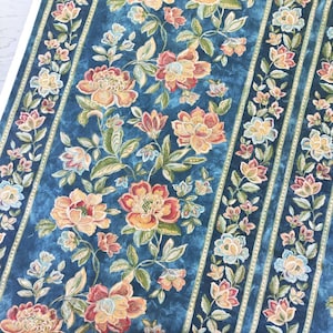 Vintage blue floral curtain fabric Upholstery fabric Big flowers W 86&quot;