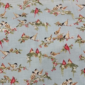 Vintage bird quilting blue fabric Cardinal print Christmas winter fabric
